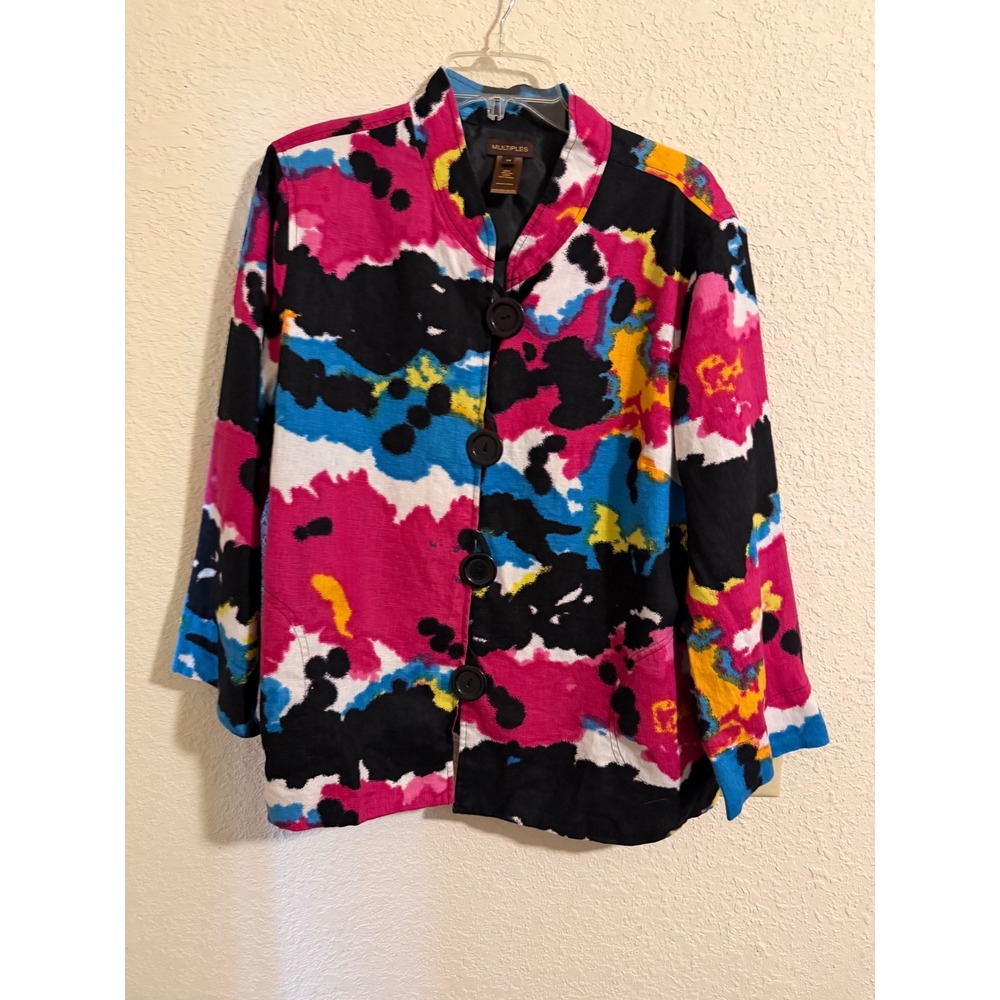 Multiples Womens 1X Linen Jacket Abstract Pink Blue Yellow Art to Wear Mock Neck